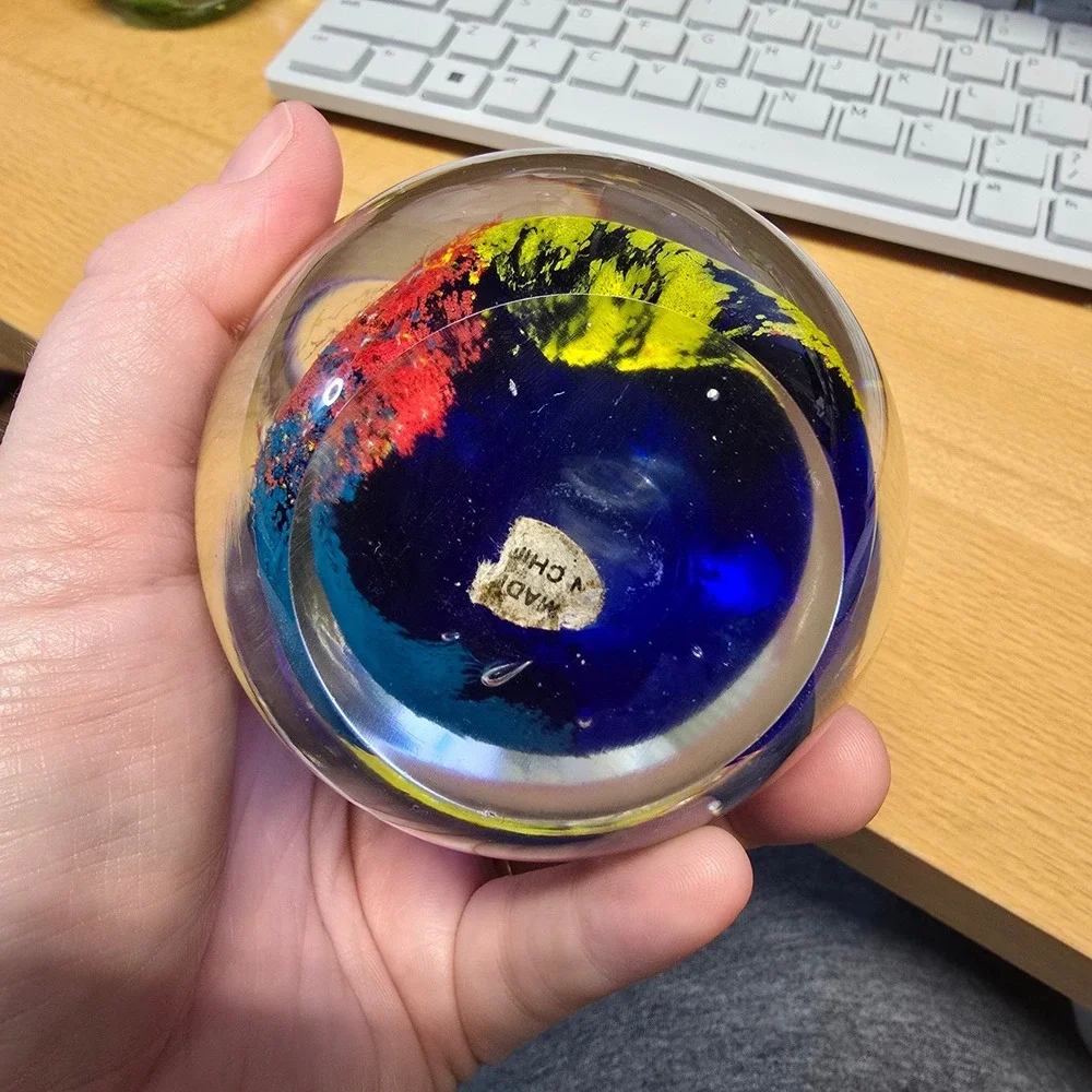 Vintage Art Glass Egg Paperweight Blue Yellow Red Controlled Bubble Swirl 3.75in